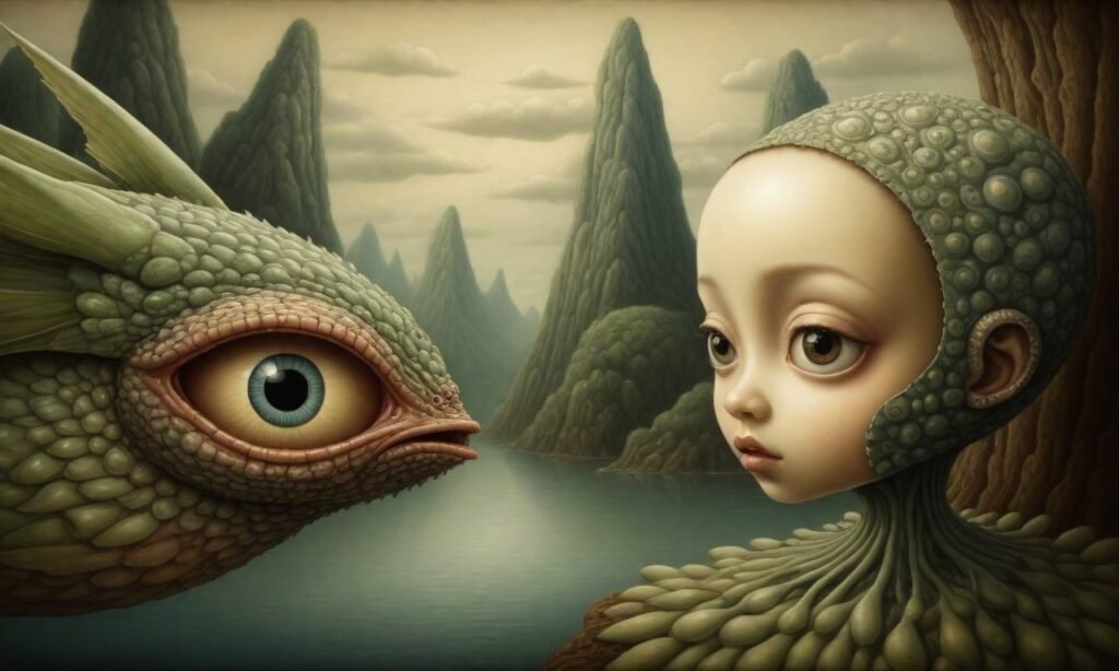 Two surreal creatures with large eyes